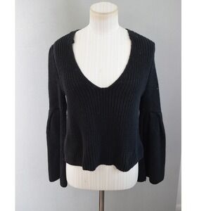 Free People Damsel XS Sweater Black V Neck Bell Sleeve Ribbed Knit Top Women's